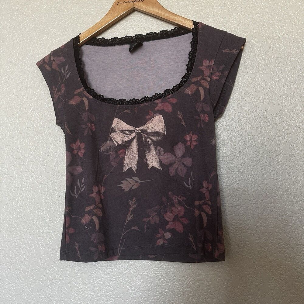 Urban Outfitters‎ Y2k Mini Shirt Bow Lace Brown Pink Large Lace Cropped